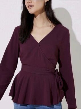 Loft Long Sleeve Wrap Peplum Blouse - Plum